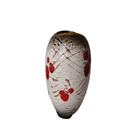 Vintage West German Lava Pottery Vase Planter, Red White Splatter Gold Trim MCM - Picture 5 of 7